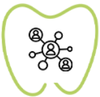 A green tooth outline containing a black network icon with a central figure connecting to other individuals and nodes.