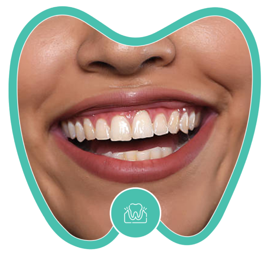 A close-up of a person smiling, displaying healthy teeth and gums, framed by a teal tooth-shaped border.