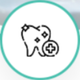 A teal circular icon featuring a white tooth with sparkling stars and a medical plus sign symbol.