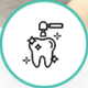 A teal circular icon featuring a black-and-white outline of a tooth being polished by a dental tool, surrounded by sparkles.