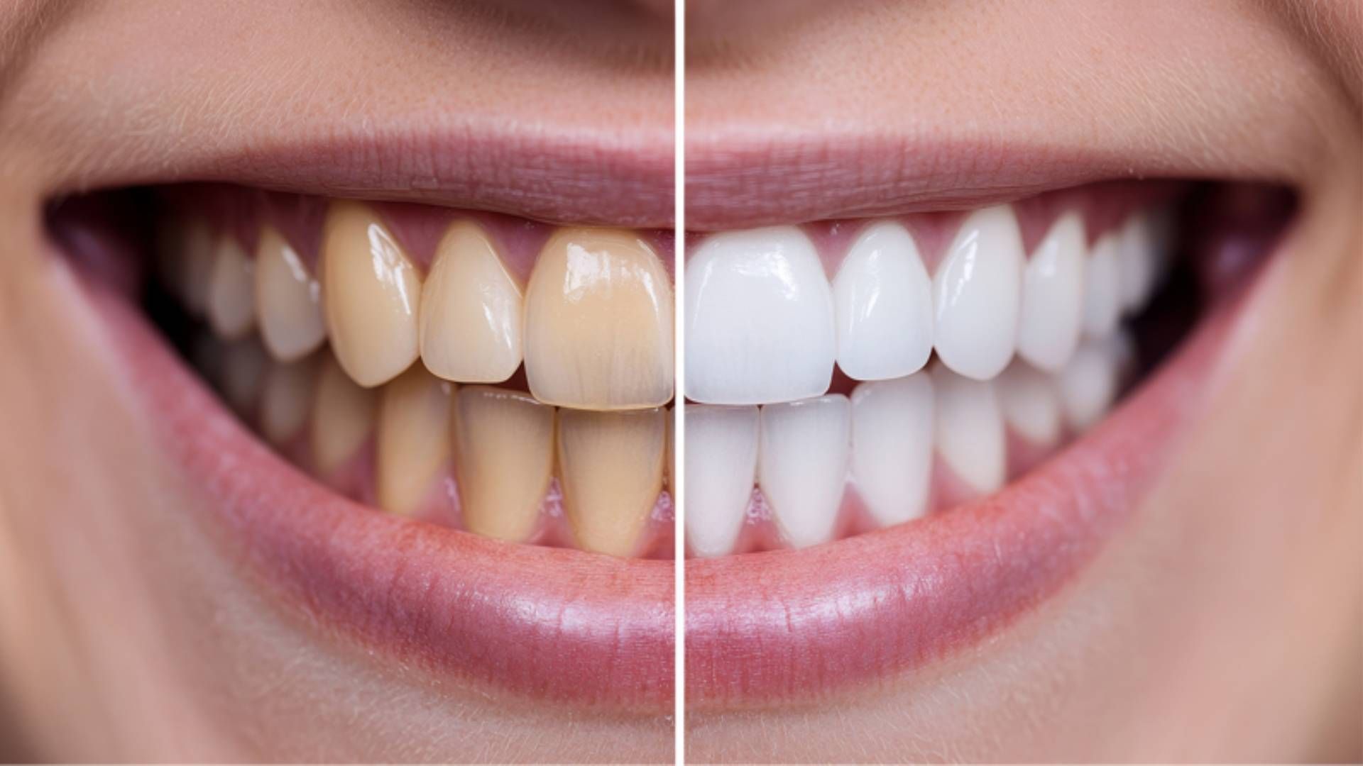 A side-by-side comparison of teeth, showing yellowed teeth on the left and bright white teeth on the right.