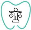 A teal outline of a tooth containing a black line-art icon of a person balancing a heart and a shield on a scale.