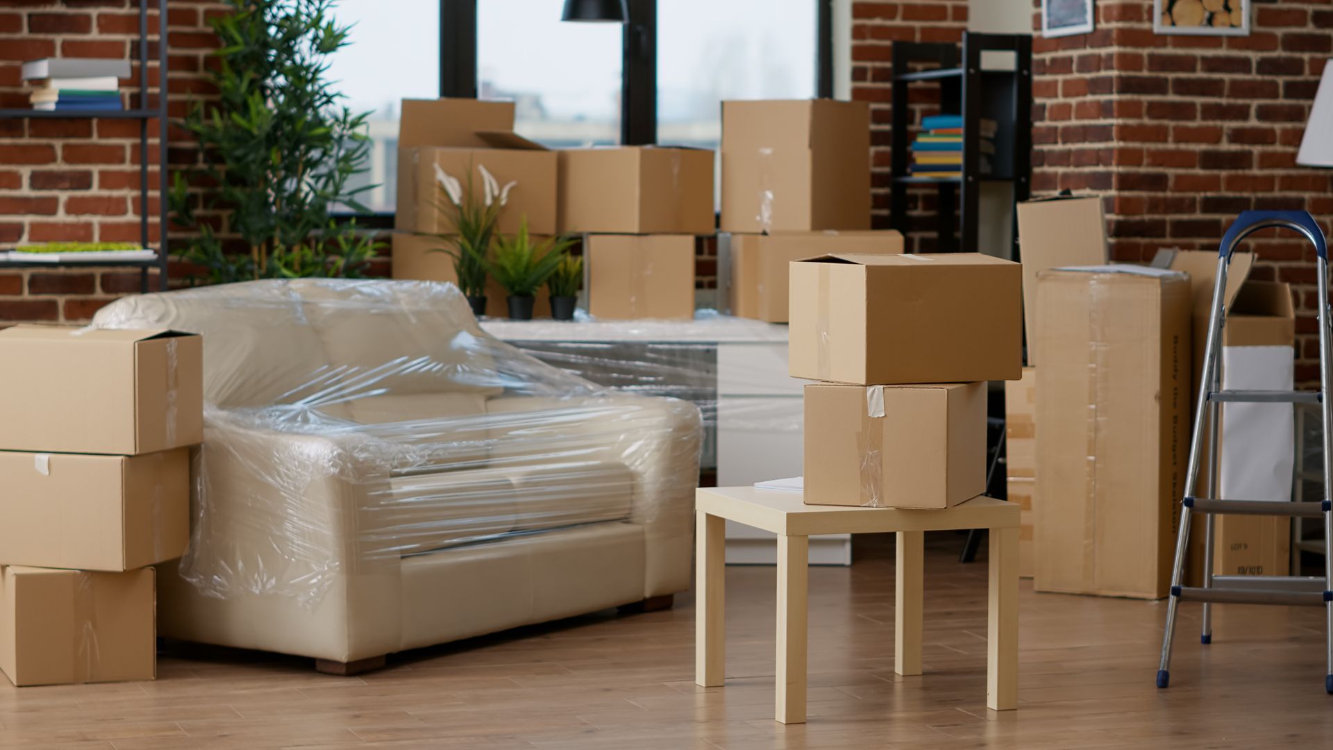 Living room packed for relocation with boxes and sofa wrapped by local movers.