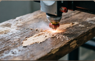 Una macchina per il taglio laser incide un pezzo di legno grezzo e usurato, emettendo una luce intensa e piccole particelle di detriti.