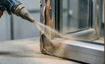 Una persona utilizza una sabbiatrice per pulire o rimuovere la vernice dal telaio metallico di una finestra.