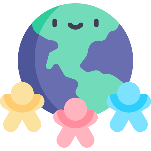 A smiling Earth surrounded by three diverse, colorful people.