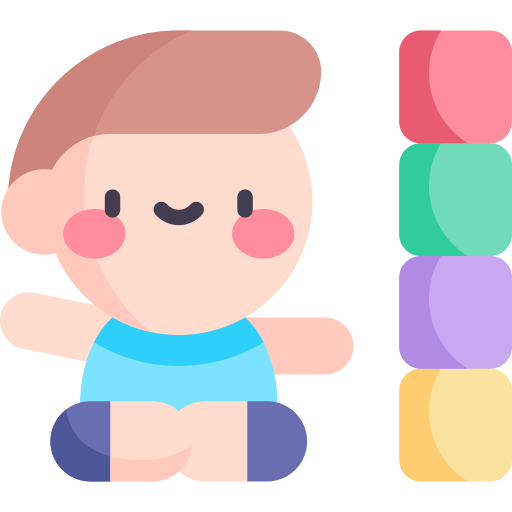 Cartoon child sitting in lotus position with colorful blocks.