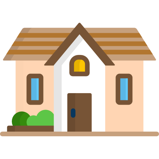 Tan house with brown roof, door, and trim; blue windows; green bushes.