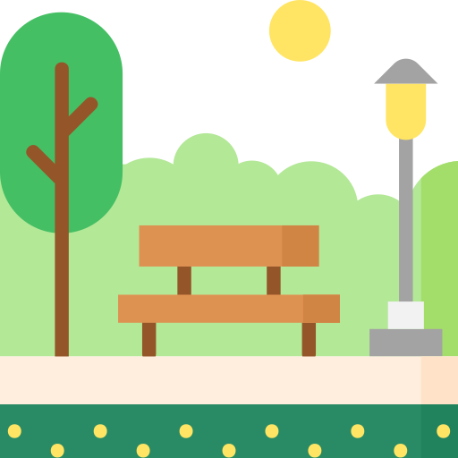 Park scene: bench, tree, lamppost, sunlight, and green foliage.