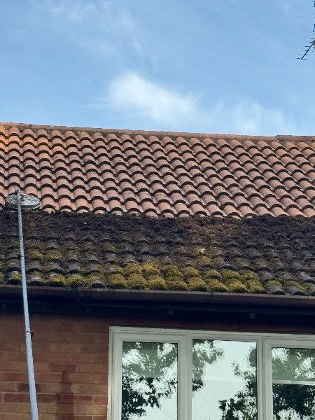 Roof being cleaned with pressure washer; mossy tiles below, clean tiles above, brick building.
