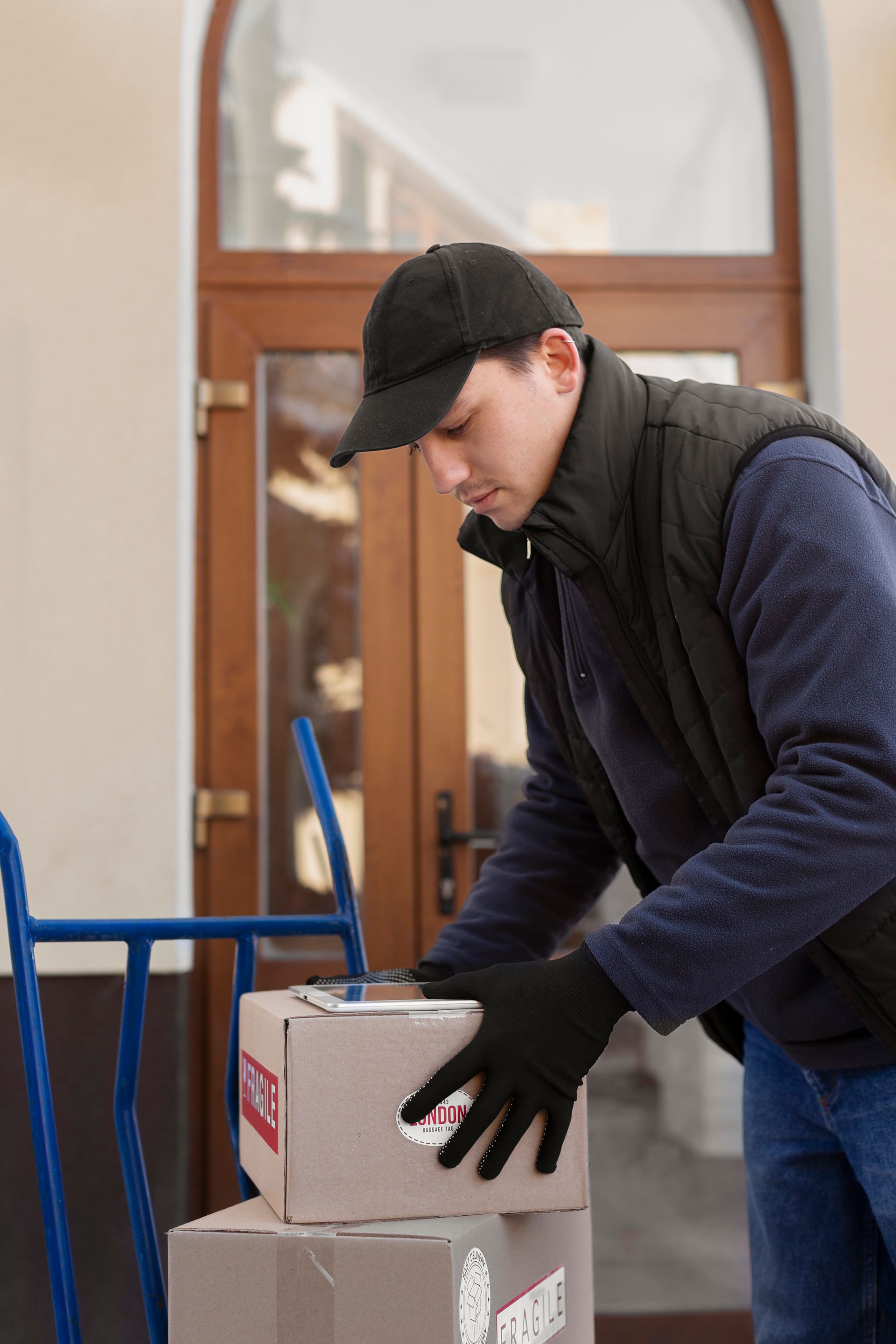 a delivery man is putting a box on a cart that says fragile