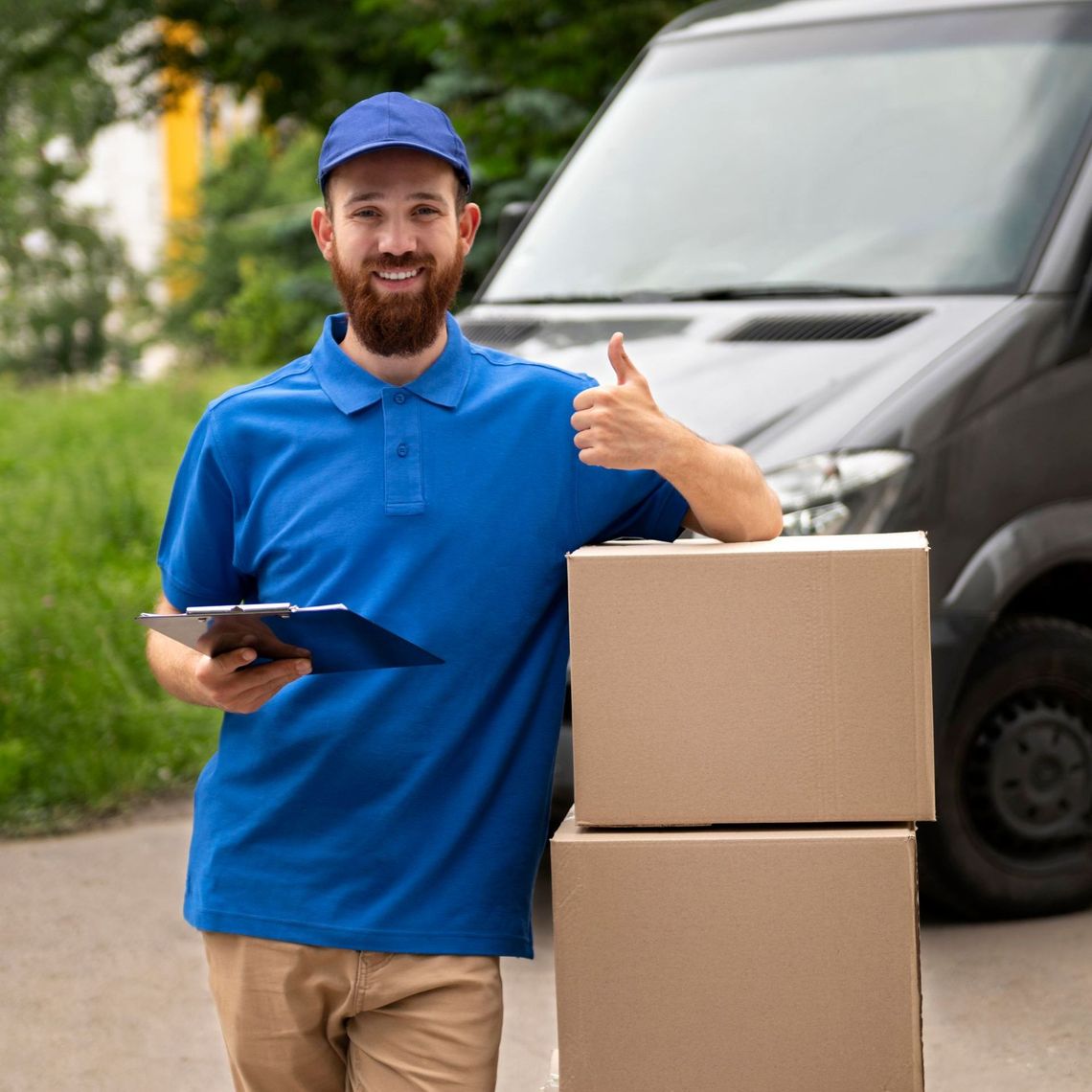 a delivery man giving a thumbs up next to a stack of cardboard boxes