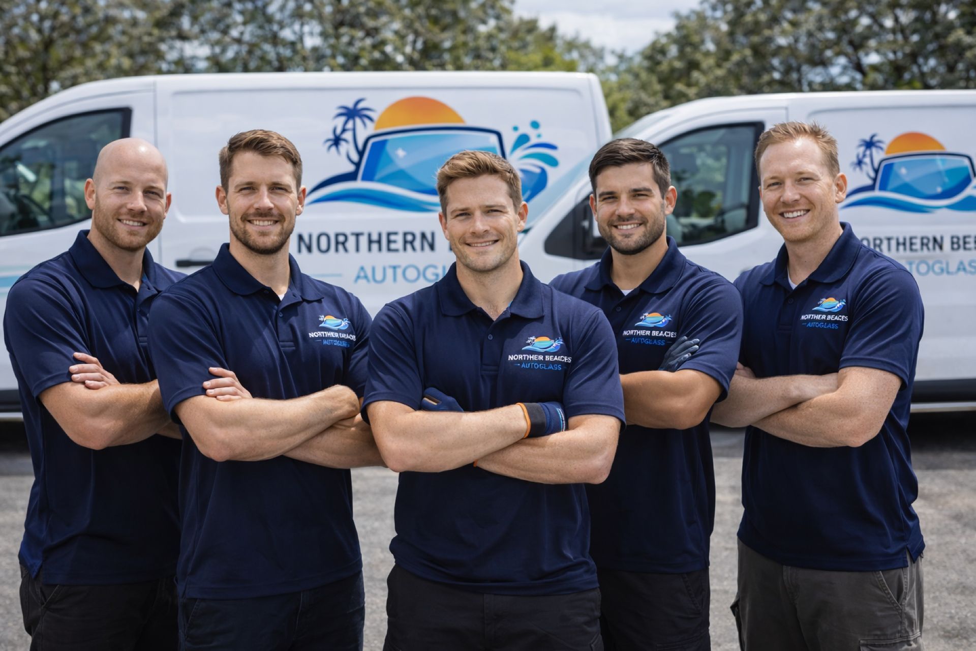 Five men in blue shirts with arms crossed, standing in front of two white vans. Company logo visible.