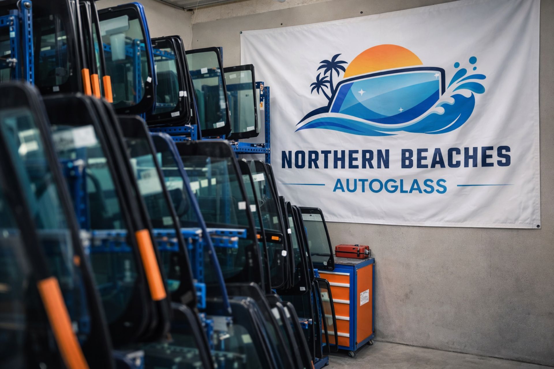 Windshields stacked in warehouse; Northern Beaches Autoglass logo on a banner.