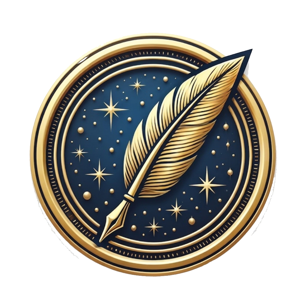 Una penna d'oca dorata posizionata in diagonale su uno sfondo circolare blu scuro, decorato con stelle dorate e un bordo ornato.