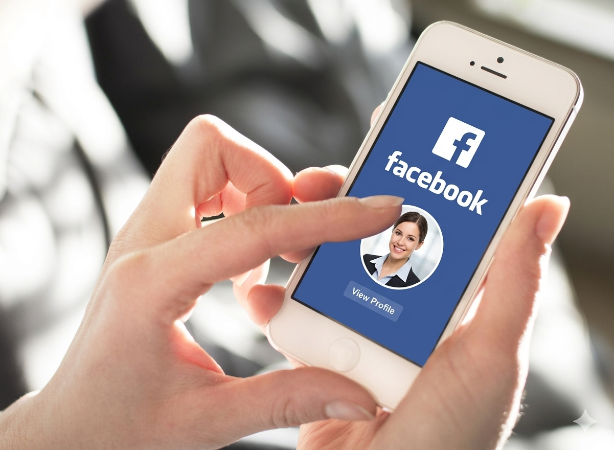 Primo piano di mani che reggono uno smartphone su cui è visualizzata la schermata di accesso a Facebook con la foto del profilo dell'utente.