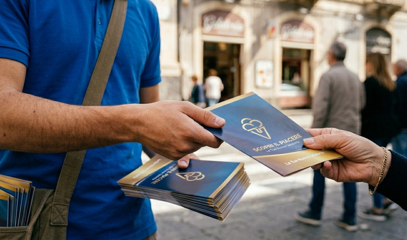 In una trafficata strada all'aperto, una persona con una maglietta blu porge un volantino con il logo di un gelato a un'altra persona.