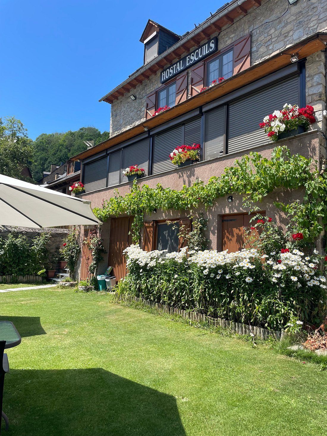 Un gran edificio con un exuberante césped verde en frente.