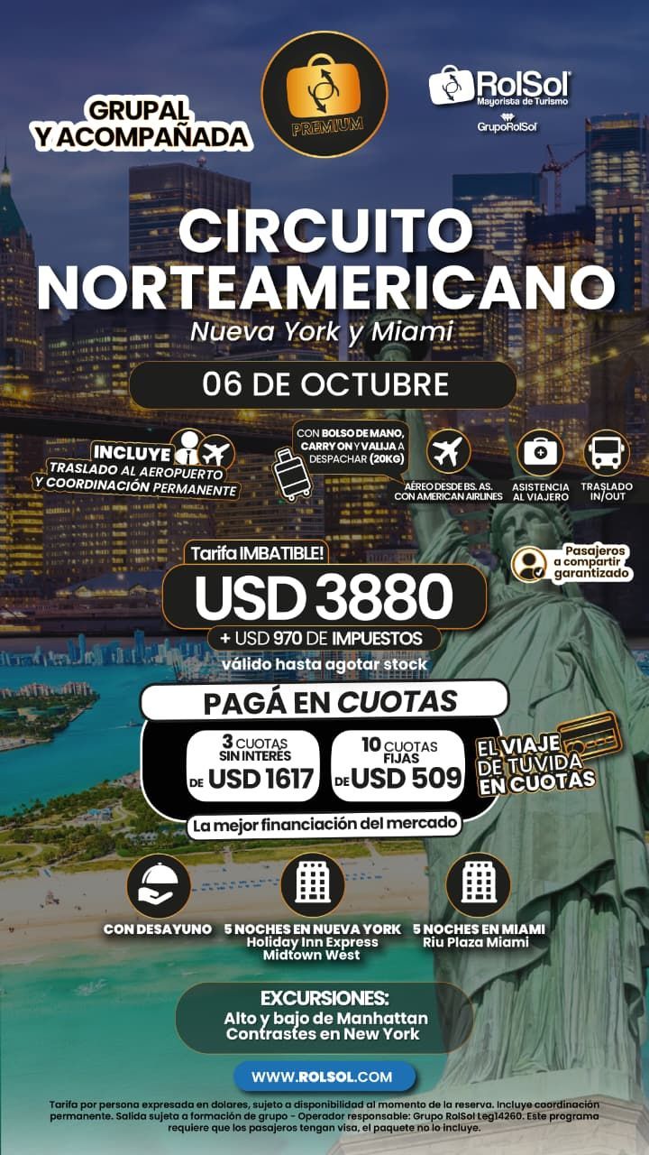 Cartel promocional del “Circuito Norteamericano” con fechas, precios y un paisaje urbano tropical de fondo.