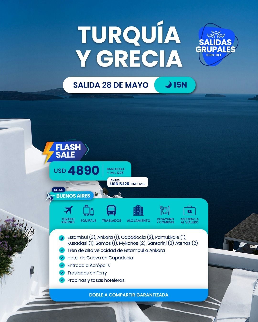 Anuncio turístico de Turquía y Grecia con fondo de mar azul, velero y precio de venta de 4890.