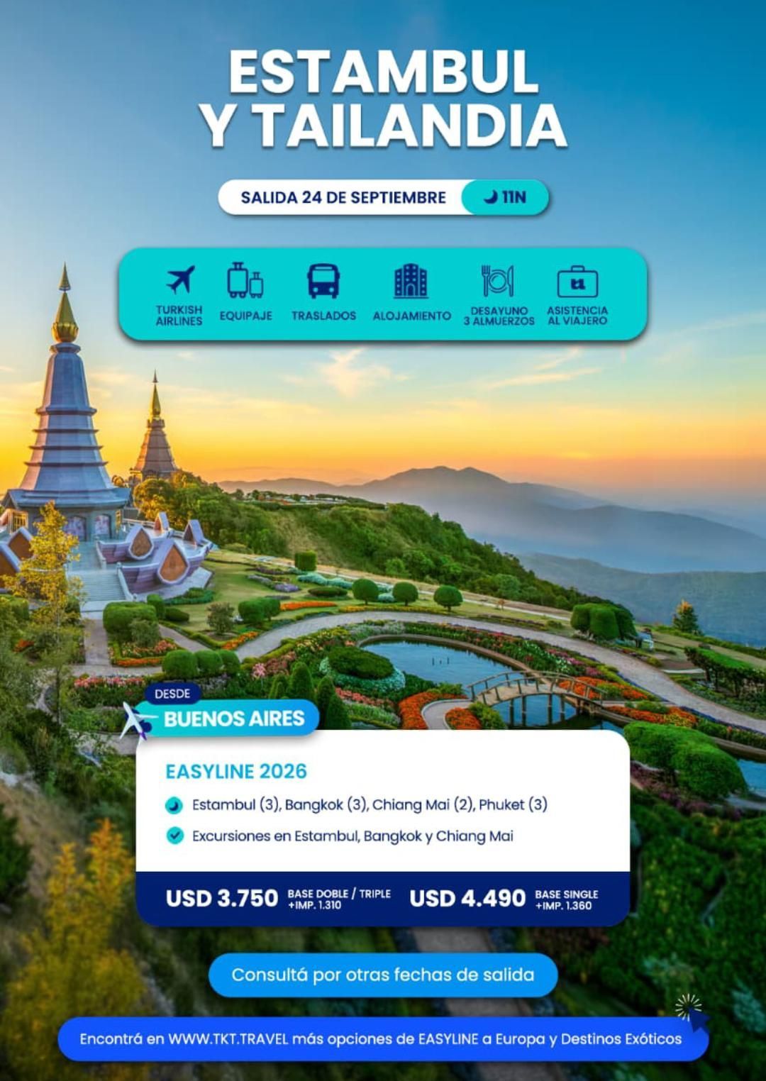 Anuncio turístico de color turquesa para Estambul y Tailandia con paisajes de templos y costa, fechas y precios.