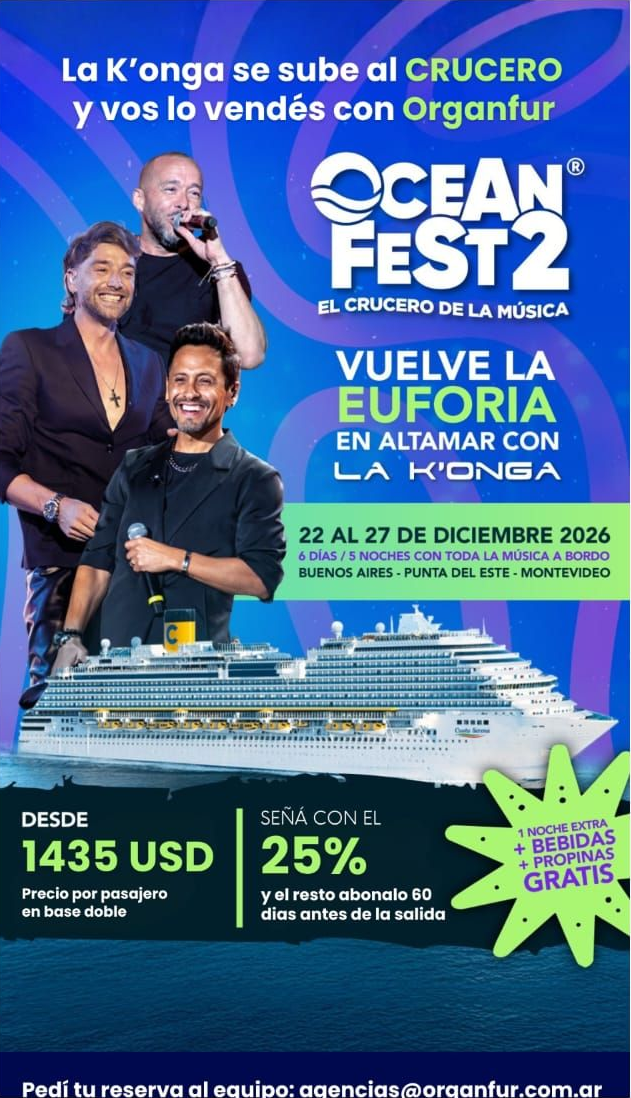 Promoción del crucero Ocean Fest con tres anfitriones sonrientes, mar azul, barco, fechas y precio en negrita.
