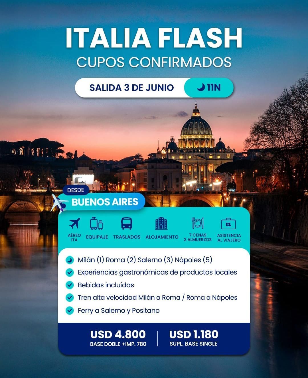Anuncio de viajes a Italia con Roma al atardecer, “cupos confirmados”, salida desde Buenos Aires y precios mostrados.