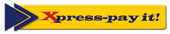 Xpress-pay it! logo with arrow, yellow rectangle, red 