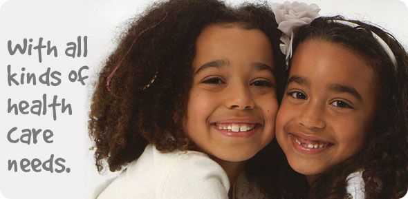 Two smiling children with curly hair. Text: "With all kinds of health care needs."