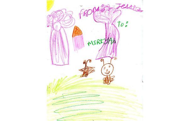 Child's drawing: two figures and a dog in a grassy field, labeled 