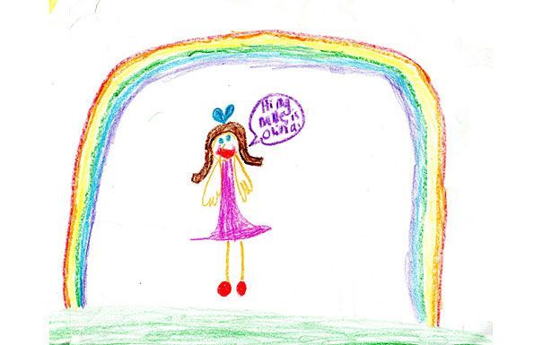 Child's drawing: a girl in a pink dress stands under a rainbow. She has a speech bubble that says, 