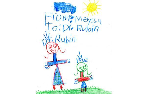 Drawing of two stick figures with arms outstretched, green grass, sun, clouds, and text 