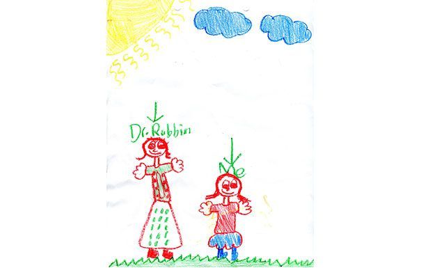Child's drawing: two figures under the sun and clouds. One labeled 