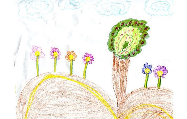 Colorful drawing of a landscape featuring rolling hills with flowers and a tree under a cloudy sky.