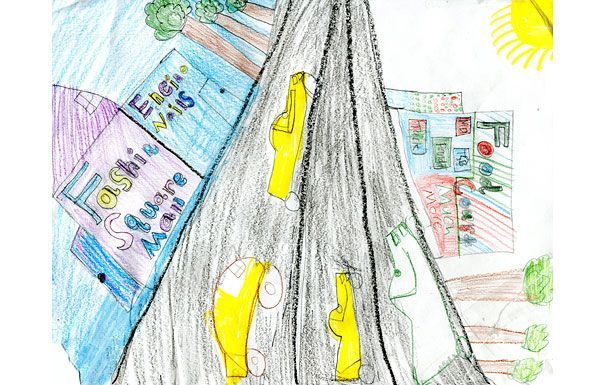 Children's drawing of a road with yellow car shapes; a shopping center is on the left; buildings on the right; the sun in the corner.
