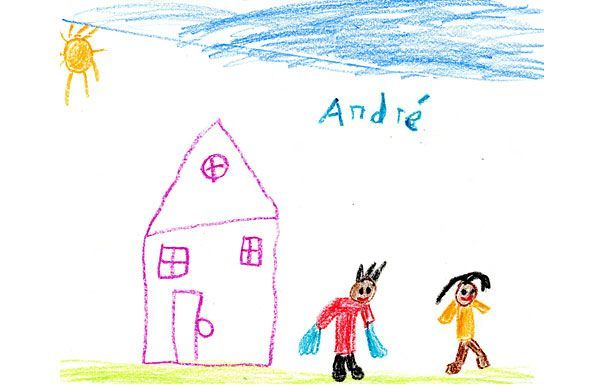 Child's drawing: a house, two figures, sun, and clouds with the name 