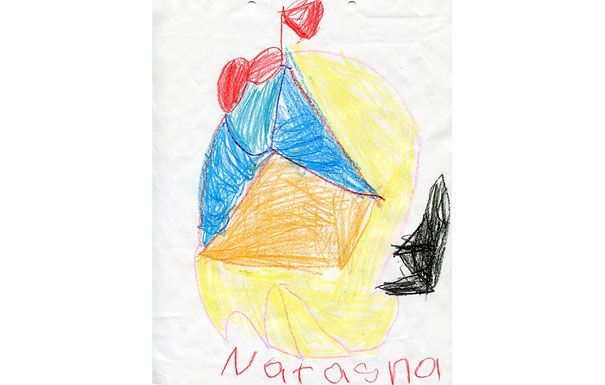 Child's drawing of a building with blue and orange shapes, yellow flame-like outline, red heart, and black shape. 