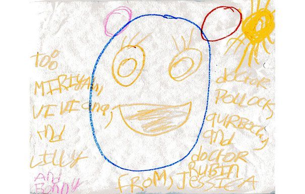 Child's drawing of a smiling face with ears and a sun. Text: 