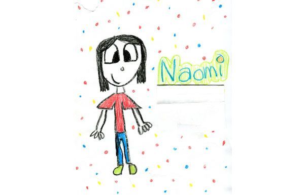 Drawing of a person named Naomi wearing a red shirt, blue pants, and green shoes, with colorful confetti.
