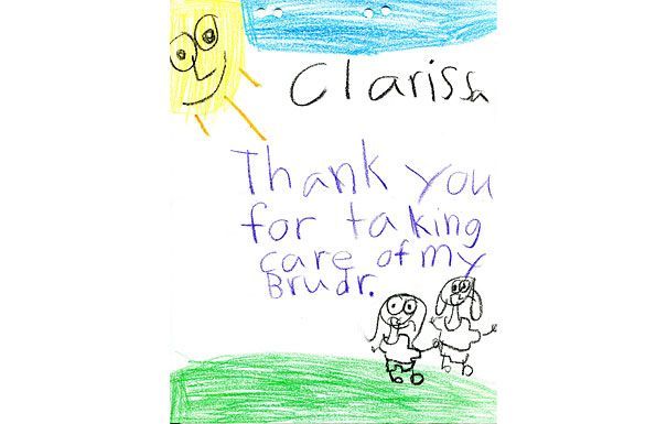 Child's drawing: Smiling sun, blue sky, two figures holding hands, and text 