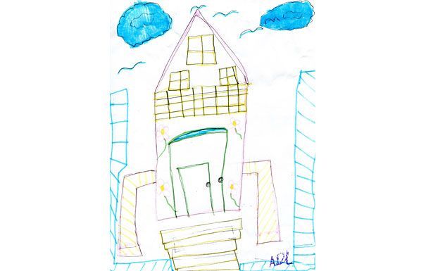 Colorful drawing of a house with a door, balcony, and windows. Blue clouds and steps.
