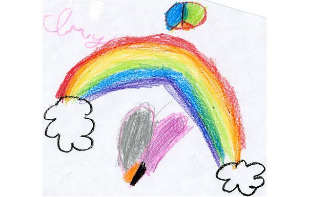 Child's drawing: a rainbow arches over two clouds and a heart, with a half-circle above.