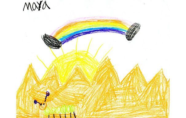 Child's drawing: a rainbow over a sun and mountains, with a green caterpillar in the foreground.