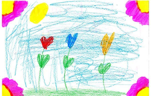 Child's crayon drawing of three colorful flowers with a yellow sun and blue sky.
