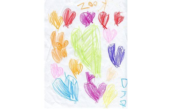 Colorful crayon hearts on white paper; text reads 