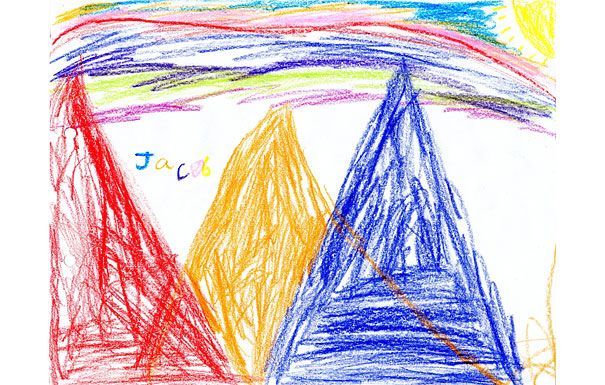 Child's drawing of mountains in red, orange, and blue under a multicolored sky with a sun. Name 