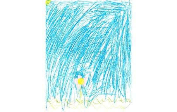 Blue and yellow crayon drawing of a cloudy sky and grass with a sun-like shape in the center.