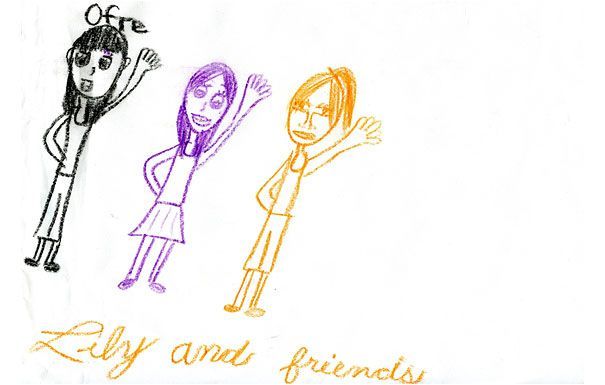 Three people waving, labeled 