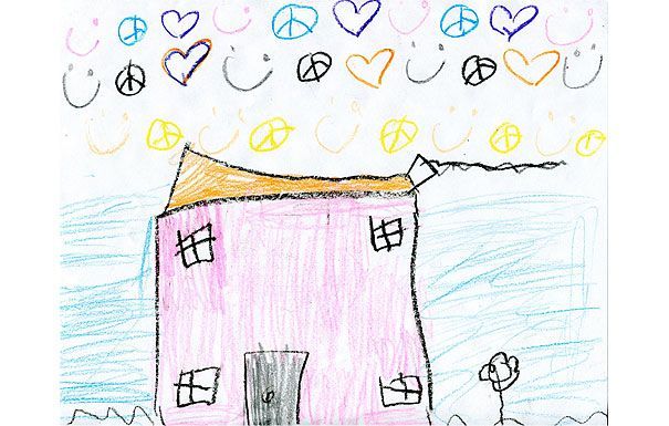 Pink house with brown roof, windows, and door. Above, a row of hearts, peace signs, and smiley faces.