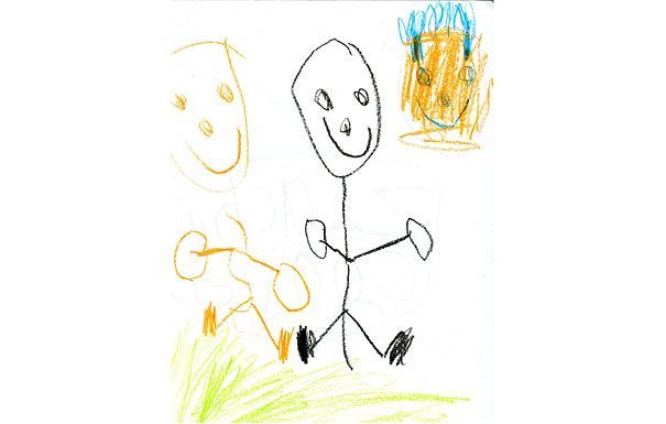 Child's drawing: stick figure with smiley face, arms raised, walking with small, smiley faces around it.